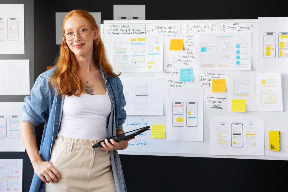 A young woman holding a tablet stands confidently in front of a wall filled with UI/UX sketches, wireframes, and sticky notes, representing ideas and creativity from the best UI UX design course.